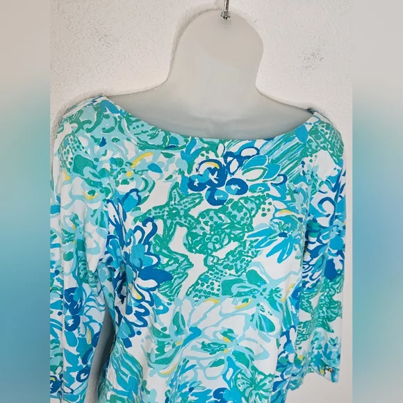 Lilly Pulitzer Juline Top Resort White In A Pinch Green Blue Floral Boatneck L - Picture 4 of 11